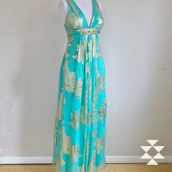 XScape Dresses & Skirts - Floor Length Silk Evening Gown Aqua and Gold 6P